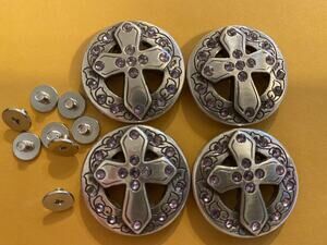 Lot Of 4 Silver Cross With Purple Rhinestone Conchos With Screws 1”